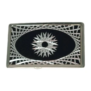 Fibbia per cintura incisa tema starburst rettangolare tono nero e argento vintage - Foto 1 di 2