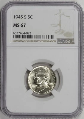 1945-S Jefferson Silver War Nickel 5c NGC MS67 [BN072] - Image 1 of 4