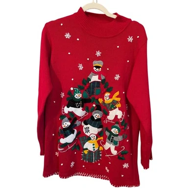 Suéter BD Diseño Talla S Rojo Navidad Muñeco de Nieve Simulado Cuello Apliques Bordados Foto 1 de 4
