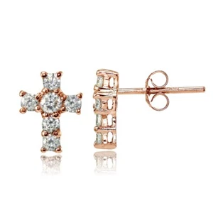 Rose Gold Tone over Sterling Silver Cubic Zirconia Studded Cross Earrings - Picture 1 of 3