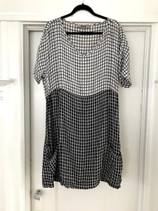 Flax Gingham Plaid Oversized Summer Linen Black White Dress Tunic M - Picture 1 of 9