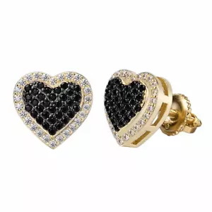 Real 925 Sterling Silver Plated 14k Gold Heart Shape Earrings Stud Iced Black CZ - Picture 1 of 14