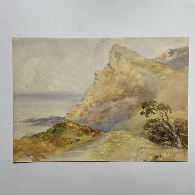 Antique Vintage original Landscape Sea Forest Lake Village Watercolour Painting - Image 1 of 4