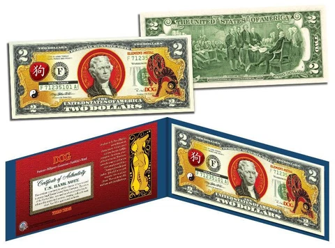 Chinese Zodiac * YEAR OF THE DOG * Colorized $2 Bill U.S. Lucky Money New Lunar Cover