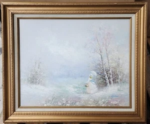 Vtg Oil Painting Signed Walton Wooden Frame Woman by Lake w/Parasol & Flowers - Picture 1 of 8