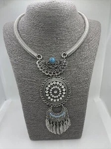 Silver Tone Native American Indian Necklace Statement Dreamcatcher Turquoise Col - Picture 1 of 11