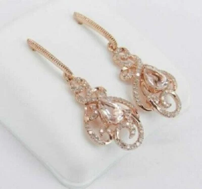 2Ct Pear Cut Morganite Diamond Women's Drop/Dangle Earrings 14K Rose Gold Finish - Image 1 of 4
