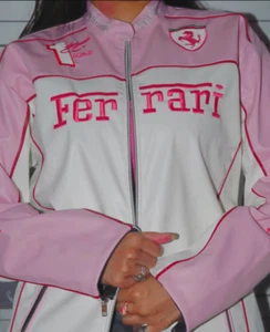 Women's Ferrari Leather Jacket White & Pink - Real Cowhide Leather Racing Jacket - Picture 1 of 9