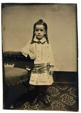 ANTIQUE VICTORIAN TINTYPE PHOTOGRAPH YOUNG GIRL WITH CURLY HAIR AND PLAID SASH