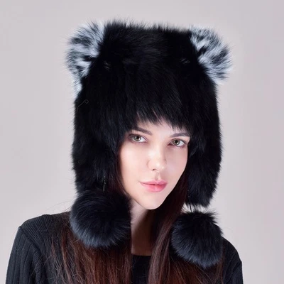 Winter Gift Fluffy Fox Fur Hats Soft Thicken Ear Protection Cold-proof Warm Hats - Image 1 of 4