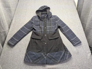 Guess Jacket Womens Large Blue Plaid Wool Jacket Hooded Pea Coat - Picture 1 of 9