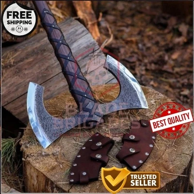 Custom Hand Forged Double Headed Viking Axe | Double Blade Axe w/ Leather Sheath - Image 1 of 4