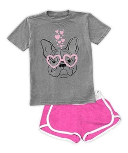 Urban Smalls Heather Gray French Bulldog Heart Glasses Tee & Hot Pink Shorts 8Y - Picture 1 of 1