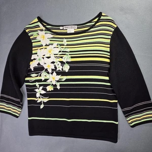 Nancy Bolen Sweater Womens Large Black Striped Floral Embroidered Pullover Rayon - Picture 1 of 9