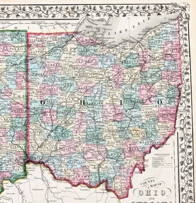 1869 Карта ОГАЙО - ИНДИЯ ОРИГИНАЛ (14X11,5) Митчелл ЖЕЛЕЗНЫЕ ДОРОГИ ГОРОДКИ  - Изображение 1 из 3