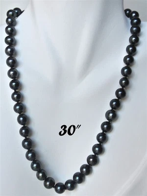 30 Inch Long Genuine 7-8mm ROUND Black Pearl Strand Necklace Cultured Freshwater - Image 1 of 4