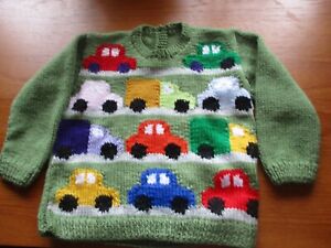 CHILDS HAND KNITTED JUMPER with TRAFFIC JAM  ON FRONT
