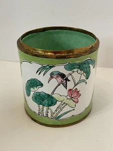 Antique Chinese Canton Enamel Round Box Birds floral green pink 4” No Lid - Picture 1 of 9