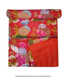 Fruit Print Pure Cotton Red Kantha Quilt Coverlet Boho Queen Size Bedspread - Picture 1 of 5