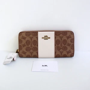 Portafoglio Coach Signature rivestito tela colorblock pelle sottile fisarmonica zip marrone - Foto 1 di 7
