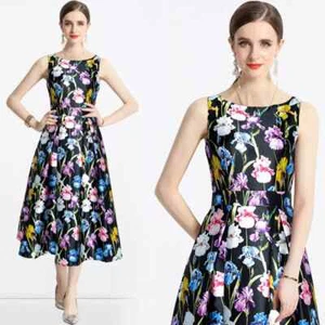 Vestido Largo Elegante Vintage De Raso Negro Colorido GIPSY 76566 - Imagen 1 de 4