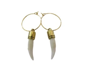 Bobcat Teeth Earrings Gold Pewter Animal Bone Spirit Animal Jewelry - Picture 1 of 3