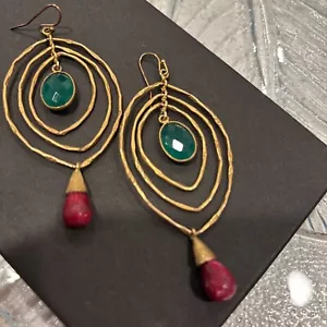 Artisan Handmade Earrings , Long/dangling Gold, Ruby & Emerald ,Very Beautiful - Picture 1 of 5
