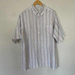 Turnbury 100% Linen Short Sleeve Shirt Men Large Blue Orange Stripe Button Down - Picture 1 of 7