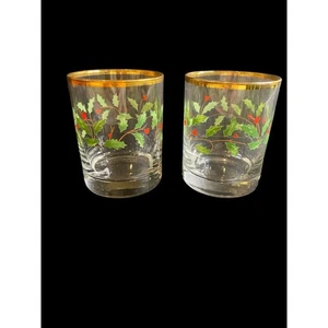 Vintage Mikasa Set of 2 Double Old Fashioned Glasses Holly Berry Ribbon Gold  - Picture 1 of 5