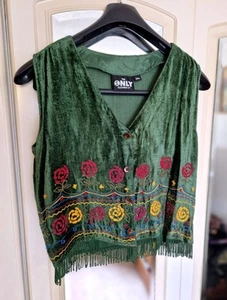 Vintage THE ONLY CLOTHES CO Ladies Green Velvet Floral Waistcoat 34" Tassels BHS - Picture 1 of 7