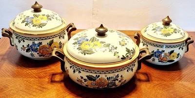 NEW RARE Vintage OSTO (Fissler) Enamelware Cookware Set - 3 Floral Dutch Ovens - Image 1 of 4