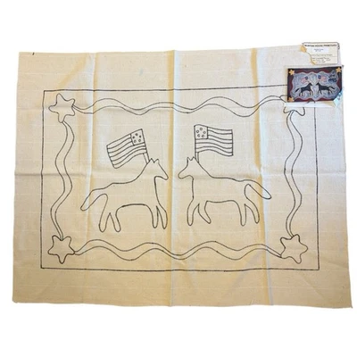 Patriotic Ponies Pattern Rug Hooking Monks Cloth Horses 20x30" NOS w/ Photo VTG - Image 1 of 4