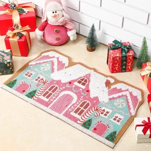 Pink Christmas Gingerbread House Doormat 27.6 x 15.7 Inch Pastel Candyland Ch... - Picture 1 of 6