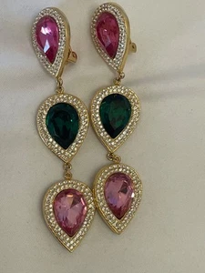 Vintage Huge Stone STATEMENT Earrings - Pink Green Clear Rhinestones Clip - Bild 1 von 6