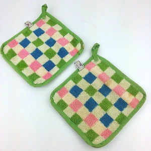 2  Vintage Checked Terry Cloth Potholder Hot Pads Cannon 100% Cotton - Flawed - Picture 1 of 14