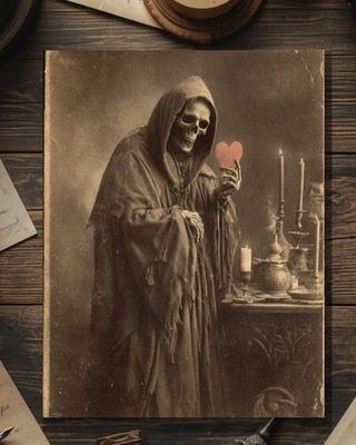Vintage Victorian Grim Reaper Holding Red Heart Valentine Card Gothic Macabre - Image 1 of 4
