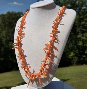 Natural Salmon Pink Branch Coral Graduated Necklace 24" Undyed Vintage Barrel - Picture 1 of 9