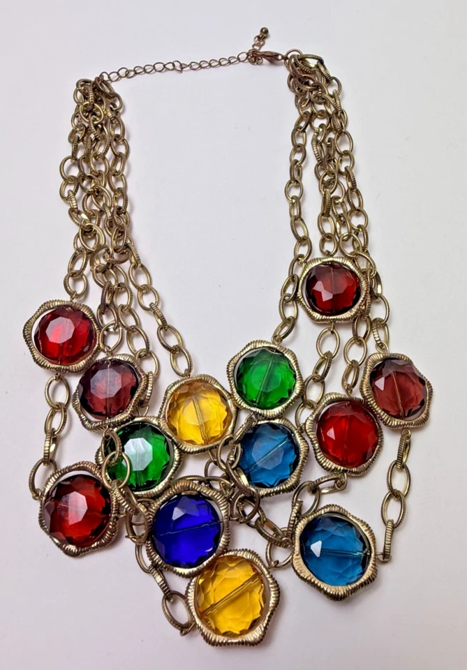 Collar Vintage Tono Dorado 4 Hilos Multicolor Grande Cristal Bisel 20" Foto 1 de 4