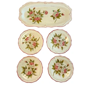 AMORE LOVE Decorative Plate Set 5PC ~  Pink Roses Dessert/Appetizer Dish Set - Picture 1 of 12
