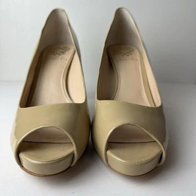 New Vince Camuto Leather Peeptoe Platform Heels Tan Size 9M 3.5” High - Image 1 of 4