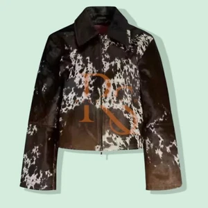 Cow Print Real Leather Hair-On Jacket Vintage Style Western Zip-Up Black & White - Picture 1 of 3