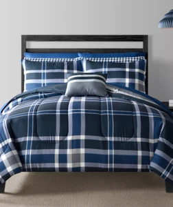 New Fairfield Square Blue Plaid Comforter Set King Wilson 12 Pc Sheets w/ Shams - Picture 1 of 9