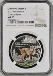 2023 UKRAINE 5H UAH - CHORNOBYL - THE EURASIAN LYNX - NGC MS70 DPL - CAT COIN - Picture 1 of 2