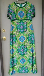 Vintage Handmade Green, Blue, Pink Floral Short Sleeve Maxi Dress Small - Picture 1 of 7