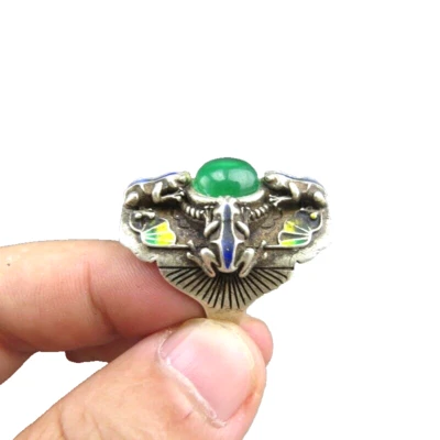 China, jade, plata pura, jade natural, incrustación de jadeíta, rana, anillo, banzhi M (438) Foto 1 de 4