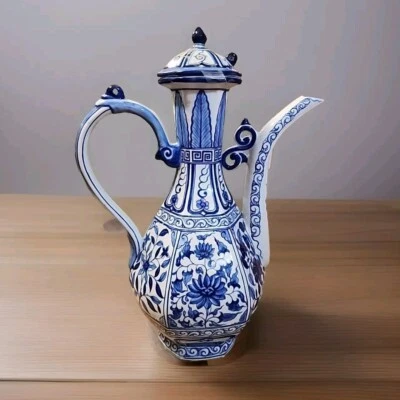 Удивительный редкий шестиугольный синий и белый антикварный фарфоровый китайский чайник/винный сервиз - Изображение 1 из 4