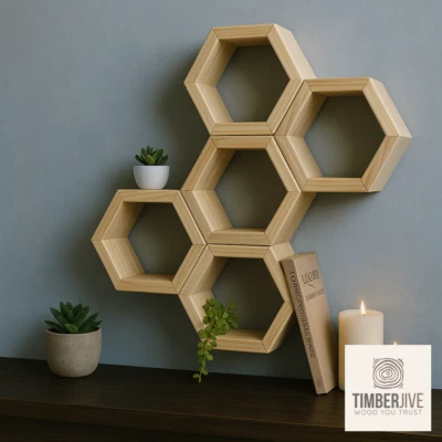 Handmade Wooden Hexagon Wall Shelf – Solid Pine Modular Honeycomb Display - Image 1 of 4