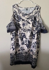 SHEIN Curve Cold Shoulder Sheath Dress Floral Blue and Cream - Picture 1 of 8