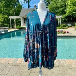 NWT Free People Cherry Blossom Mini Dress Emerald Tunic Floral Long Sleeve Sz S - Picture 1 of 7