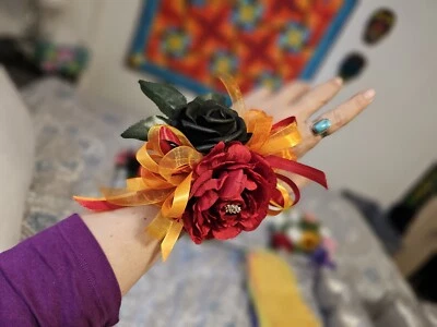 Silk Wrist Corsage - Red, Yellow And Black Mixed Flowers Ribbon Rhinestones - Image 1 of 3